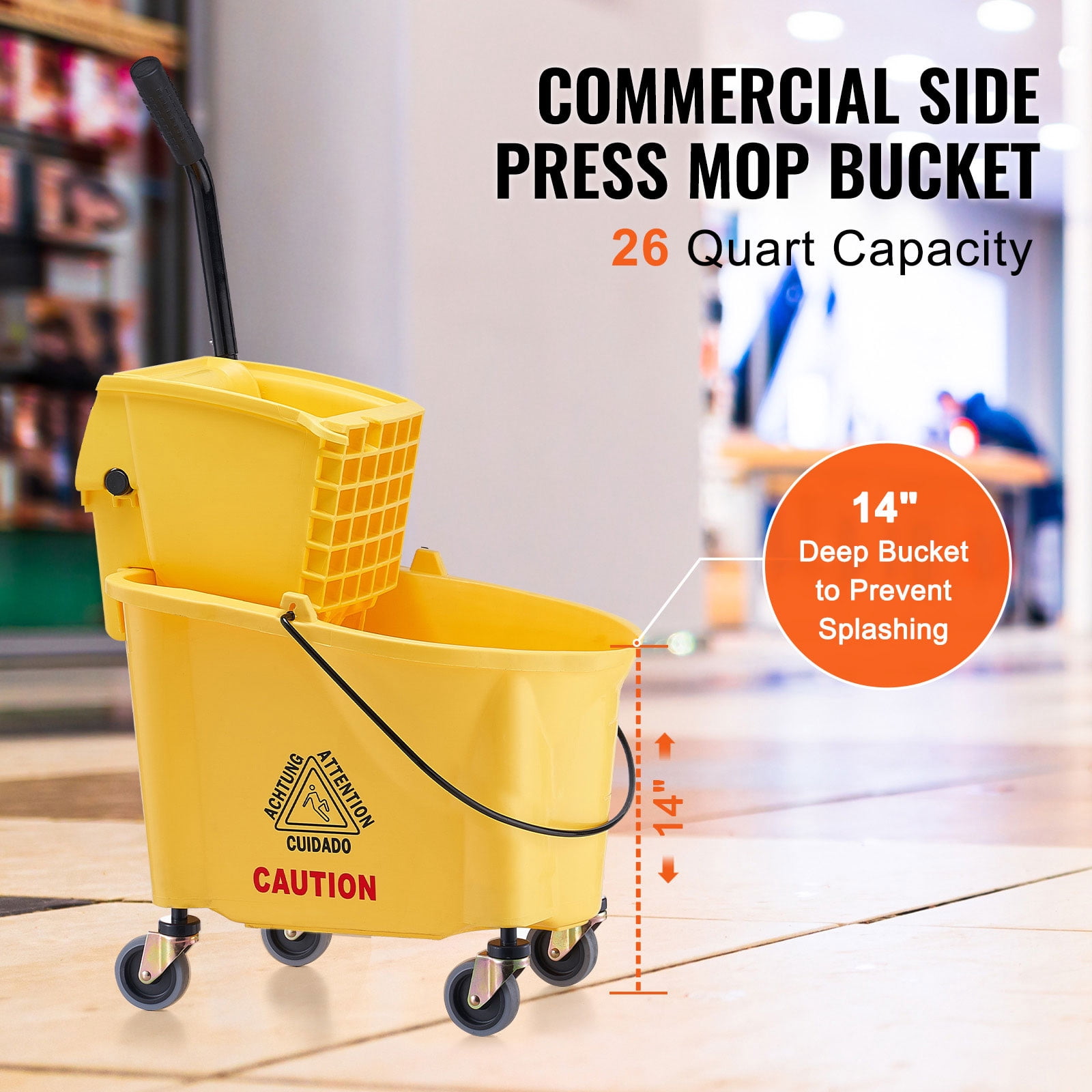 KFFKFF Commercial Mop Bucket with Wringer 26 Qt. Rolling Floor Cleaning Trolley