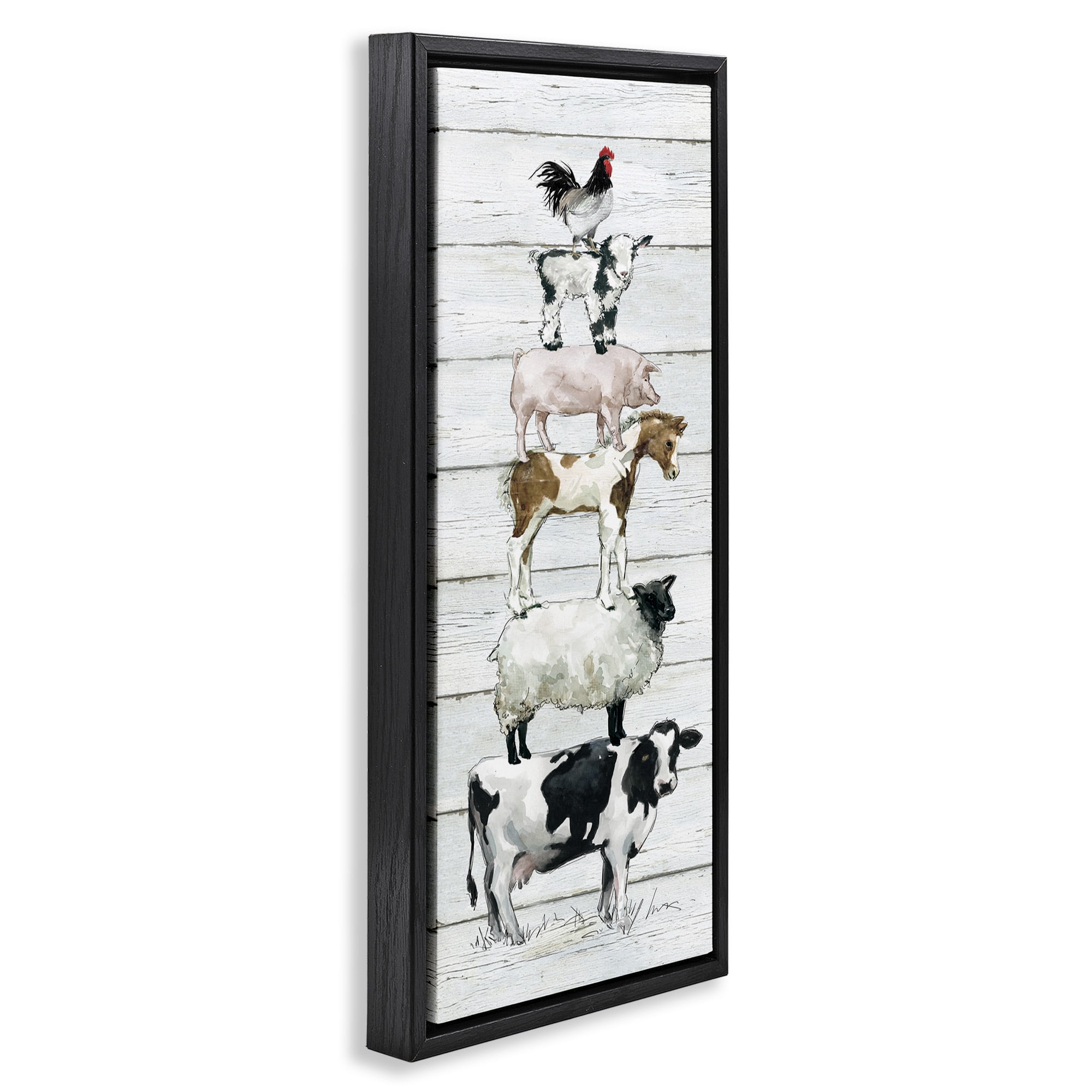 Stupell Industries Country Farm Animal Stack Animals & Insects Painting Black Floater Framed Canvas Art Print Wall Art, 11 x 25