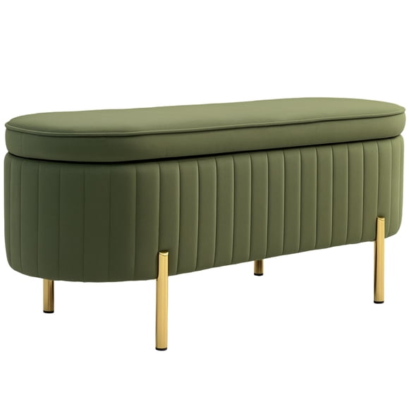 Dark Green Upholstered Bedroom Bench with Lift Top Storage & Golden Legs - 42.5" Channel Tufted Ottoman for Living Room, Entryway, or Bed End