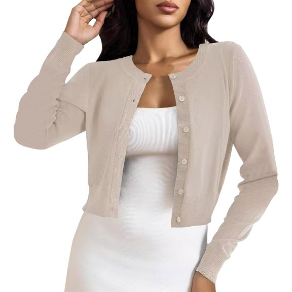 LEKODE Women Crew Neck Button Down Cropped Bolero Shrug Long Sleeve Lightweight Soft Plain Knit Casual Spring Fall Layering Cardigan for Dresses A L