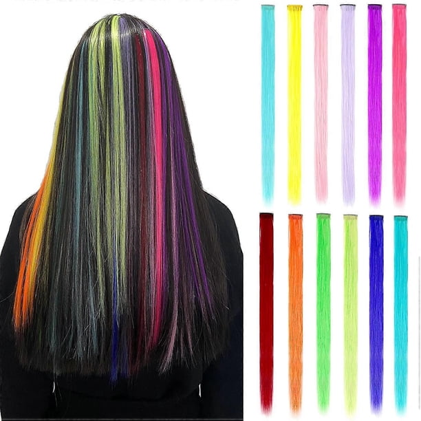 12PCS Colored Hair Extensions Clip in Colorful Hair Extensions 20 Inch Rainbow Hair Extensions for Kids Women's Gifts Red Pink Blue Hair Extensions(12