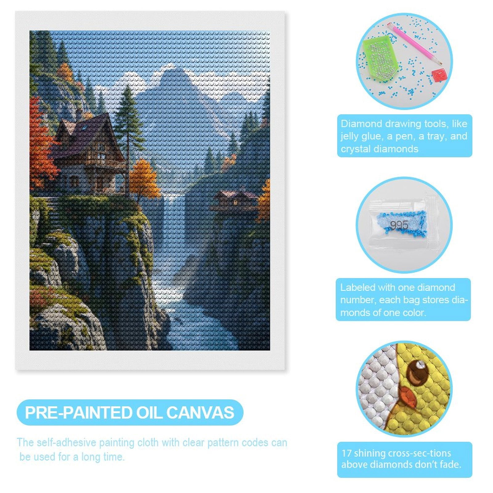 Diamond Art Kits for Adults, Mountain Cabin Waterfall Autumn View 5D Diamond Painting Kits for Adults Beginners, DIY Full Drill Diamond Painting, Gem Art and Crafts 12x16