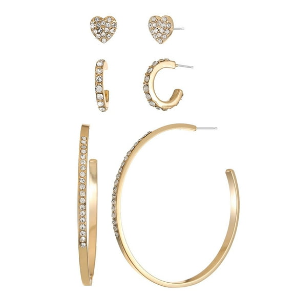 Time and Tru Women's Gold Tone Heart Motif Earring Set, 3 Pairs