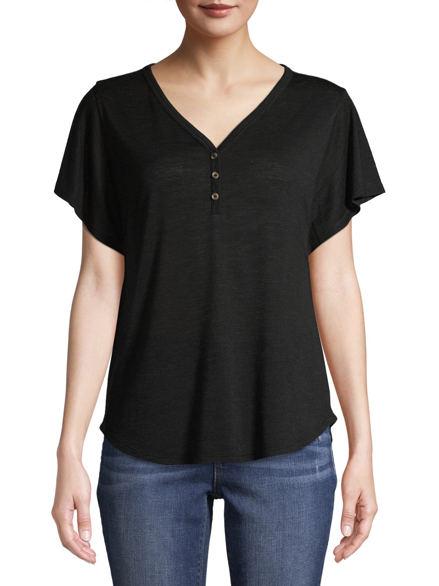 Time and Tru - Time and Tru Women's V-Neck Flutter Sleeve T-Shirt ...