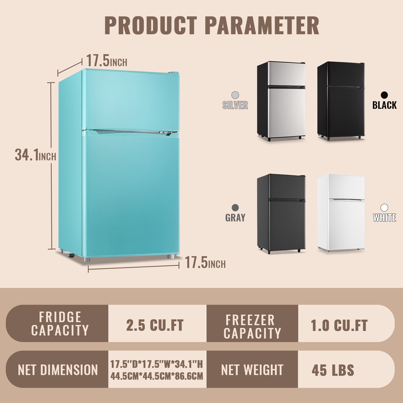 WANAI 3.5 Cu.ft Mini Fridge with Freezer 2 Door Small Refrigerator with 7 Adjustable Thermostat Blue