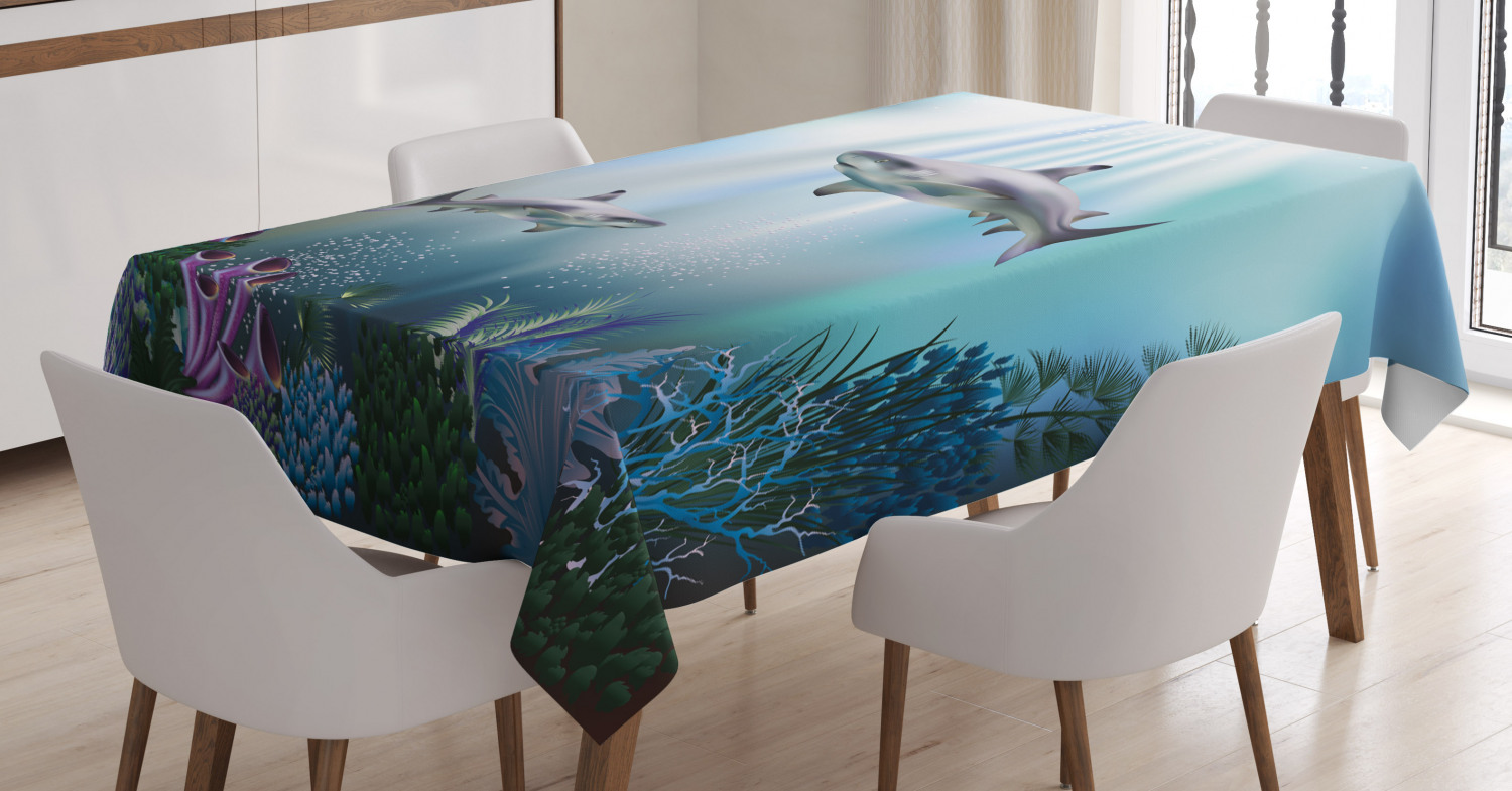 Ambesonne Underwater Tablecloth Rectangular Table Cover, Sharks Coral
