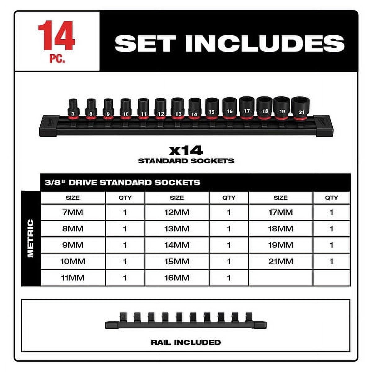 Milwaukee 49-66-7007 14-Piece SHOCKWAVE 6 Point Standard Metric 3/8 in. Drive Impact Socket Set