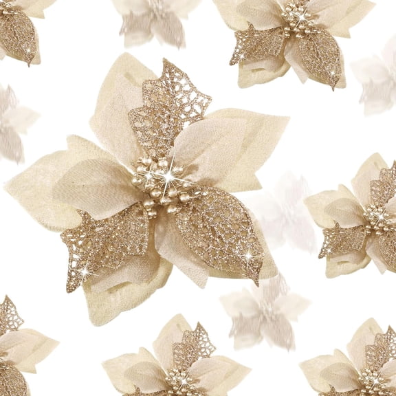 Minzimin 24 Pieces Christmas Artificial Glitter Poinsettia Flowers Xmas Flowers Wedding Christmas Tree New Year Ornaments