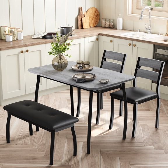 Dining Table Set for 4, Rectangular Kitchen Table Set,3-Piece Dining Table with 1 Upholstered Bench &2 Chairs with Backrests& Metal Frame,Perfect for Small Spaces, Kitchens & Dining Rooms