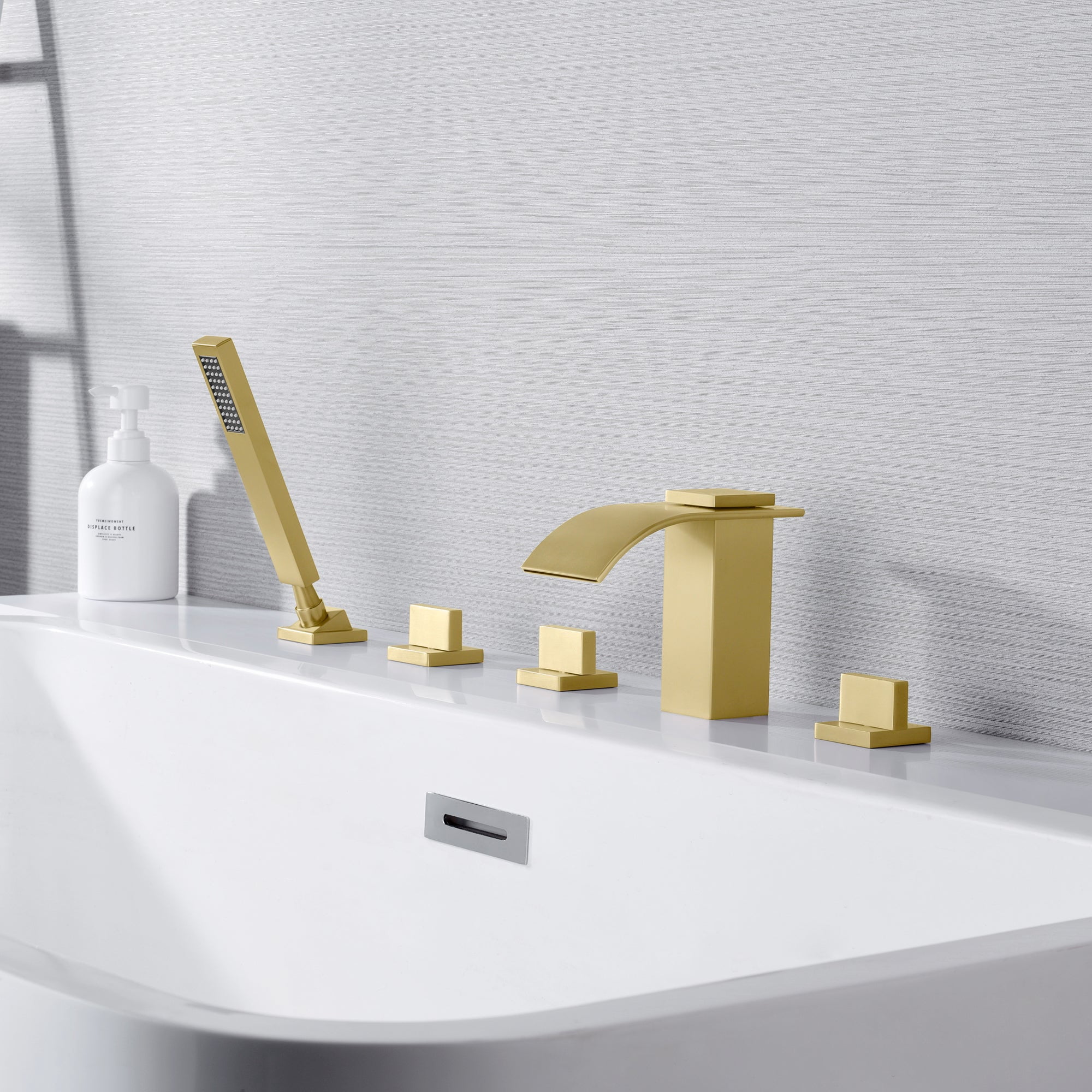 SUMERAIN 5 Holes Roman Tub Faucet Set,Deck Mount Waterfall Bathtub Faucet with Handheld Shower Brushed Gold