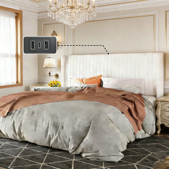 Velvet Queen Bed Frame/Vertical Channel Tufted Wingback Headboard/Upholstered Platform Bed with Outlet & USB Ports/No Box Spring Needed/Strong Wooden Slats/Easy Assembly/White