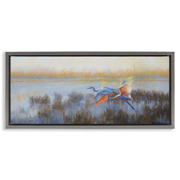 Stupell Industries Traditional Crane Birds over Lake Gray Floating Frame Canvas Art, 31 x 14, by Sandy Nelson