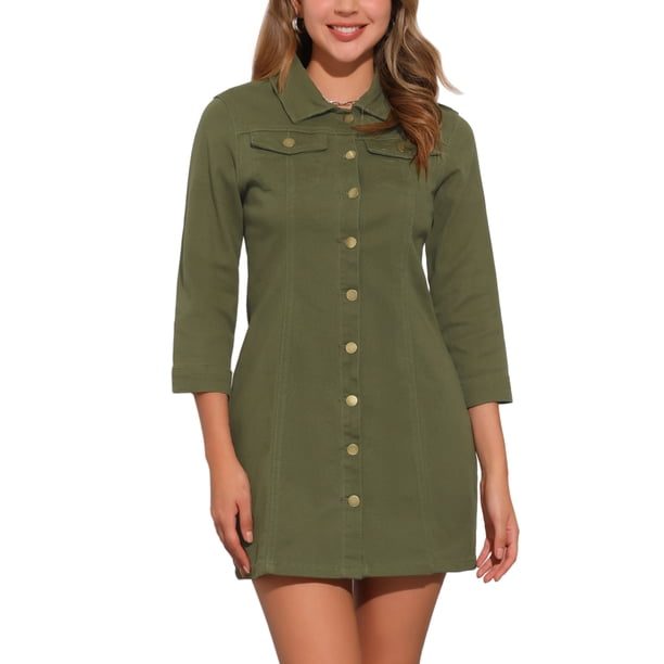 VESTIDO DE MEZCLILLA PARA MUJER INSPIRE CHIC CON MANGA 3/4 Y BOTONES, VESTIDO MINI DE CAMISA DE JEAN L VERDE OLIVA
