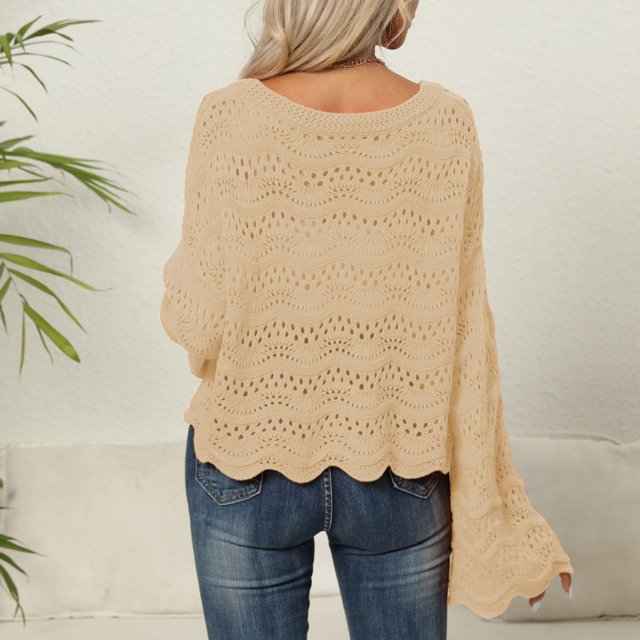 Puntoco-suéter informal para mujer, Jersey holgado de manga larga de Color puro con cuello redondo ahuecado, liquidación de Navidad Puntoco Puntoco-3722