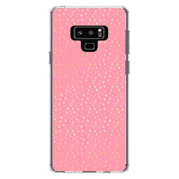 DistinctInk Clear Shockproof Hybrid Case for Samsung Galaxy Note 9 - TPU Bumper, Acrylic Back, Tempered Glass Screen Protector - Pink & Gold Star Pattern