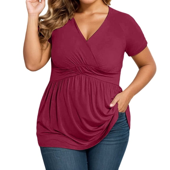 Wang6 Women's Plus Size V Neck T Shirt Causal Short Sleeve Flowy Tops Loose Fit Summer Pleaded Tees Red XL