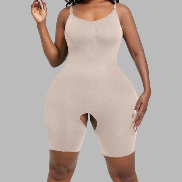 POUNOO Womens Ribbed Bodysuits Slim Fit Spaghetti Strap Crotchless Design Bodycon Fit Activewear Style Shapewear Gift