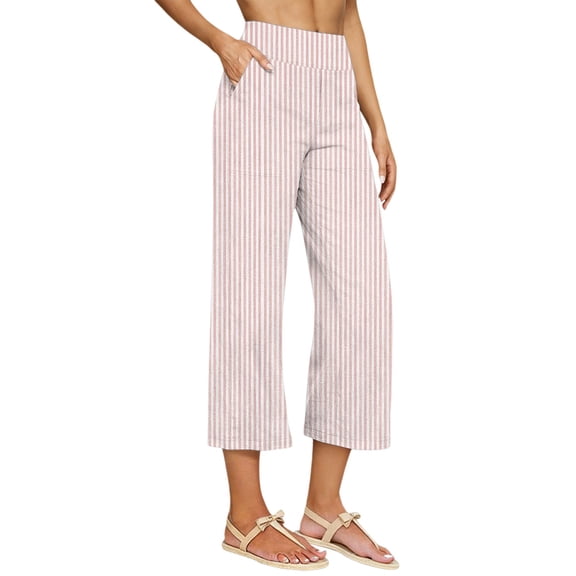LPZOOGU Women's Striped Linen Blend Capri Pants High Waist Loose Wide Leg Casual Summer Cropped Pants with Pockets