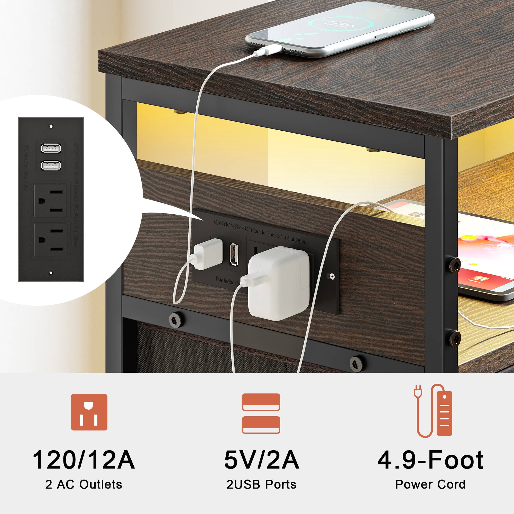 GUNAITO Led Nightstand Set of 2 with 4 Drawers Bedside Table with Charging Station Wide End Table with Storage Shelf for Living Room,Brown