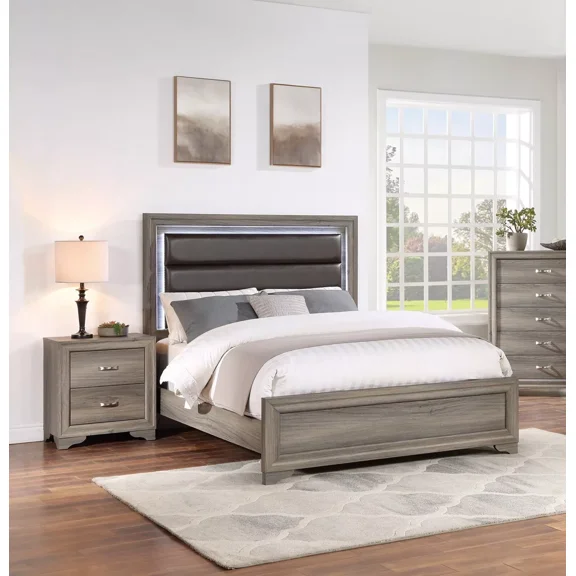 Transitional Style 3pc Bedroom Set King Size Bed Espresso Bonded Leather Upholstered HB Nightstand Wooden Furniture