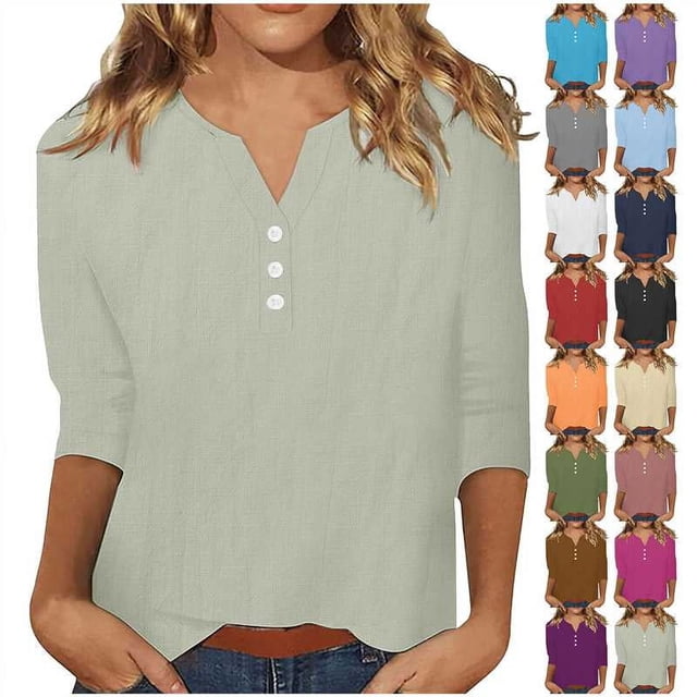 QATAINLAV Chemise en Coton et Lin pour Femme 2025 Tendance Été Manches Courtes Hauts Décontractés Amples à Boutons Col Henley Tuniques Blouses Tenues de Vacances à la Plage Soldes de Vacances Vert G