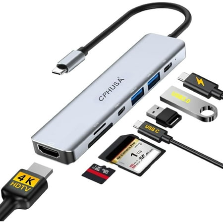 USB-C Hub 7-in-1 Multiport Adapter – 4K@30Hz HDMI, USB 3.0, USB 2.0, 100W PD Charging, SD/TF Card Reader – USB-C Docking Station for MacBook Pro/Air, Chromebook, Dell, HP & Type-C Devices