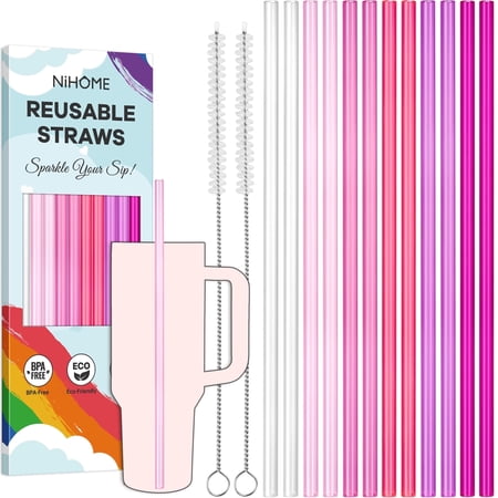 NiHome 12-Pack Plastic Reusable Drinking Straws, 6 Color 12 In Reusable Straws Fit for Stanley Cups 40 oz 30oz 64 oz Tumbler w/ 2 Brushes, BPA-Free for Cold & Hot Beverages (Gradient Pink)