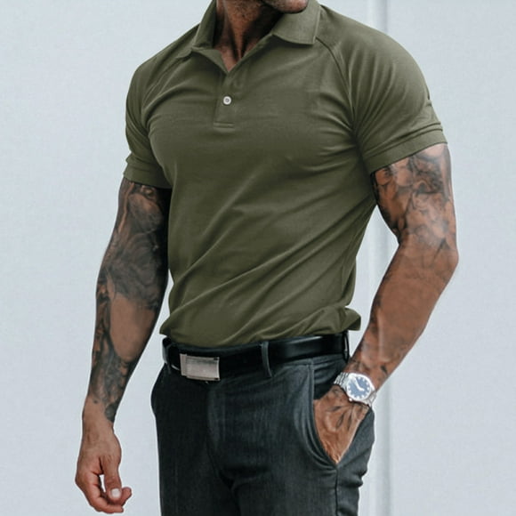 Mens Polo Shirts with Collar Male Summer Solid Print T Shirt Turn Down Collar Raglan Sleeve Tops Big and Tall Polo Shirts for Men Army Green