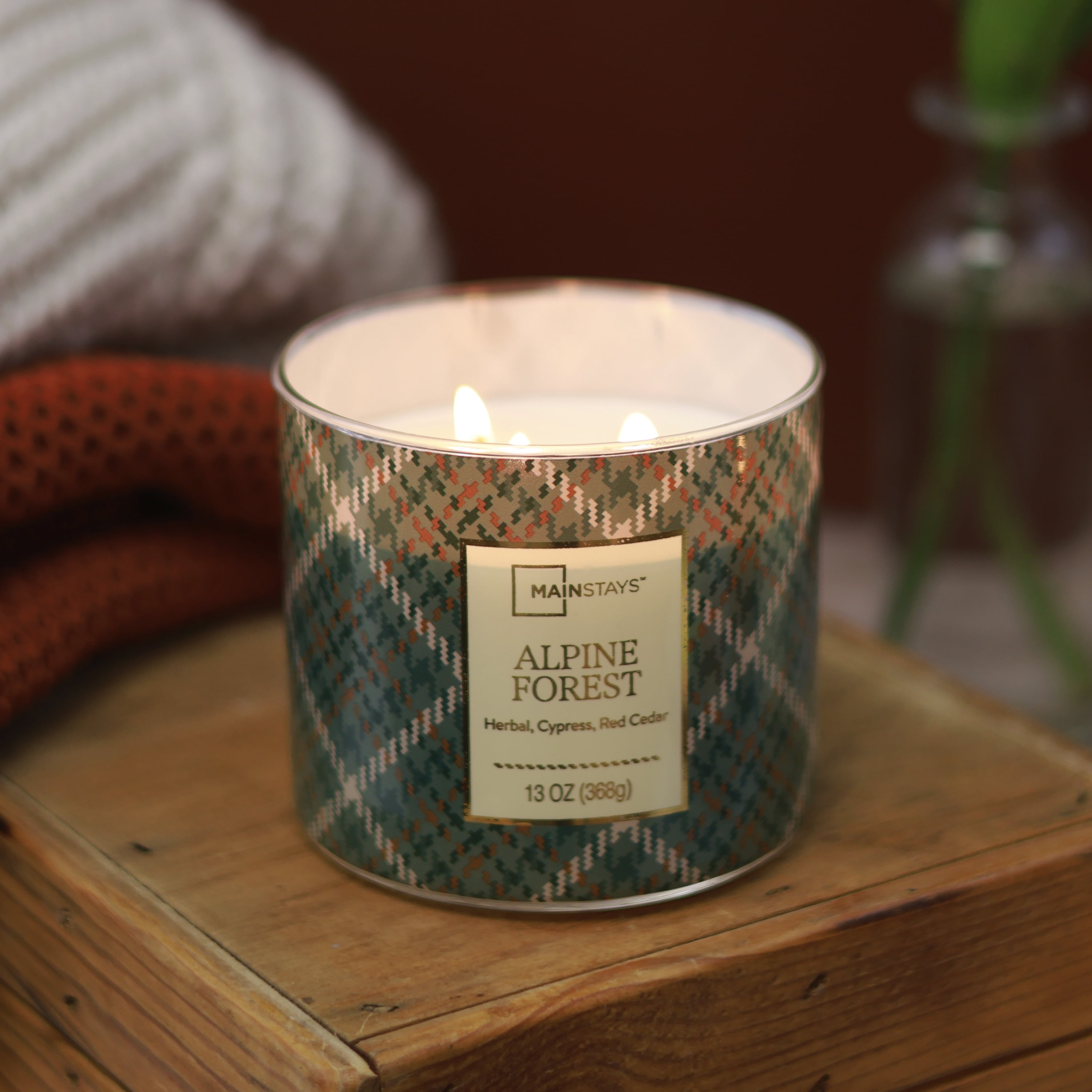 Mainstays 3-Wick Alpine Forest Candle With a Green Plaid Design, 13-Ounce
