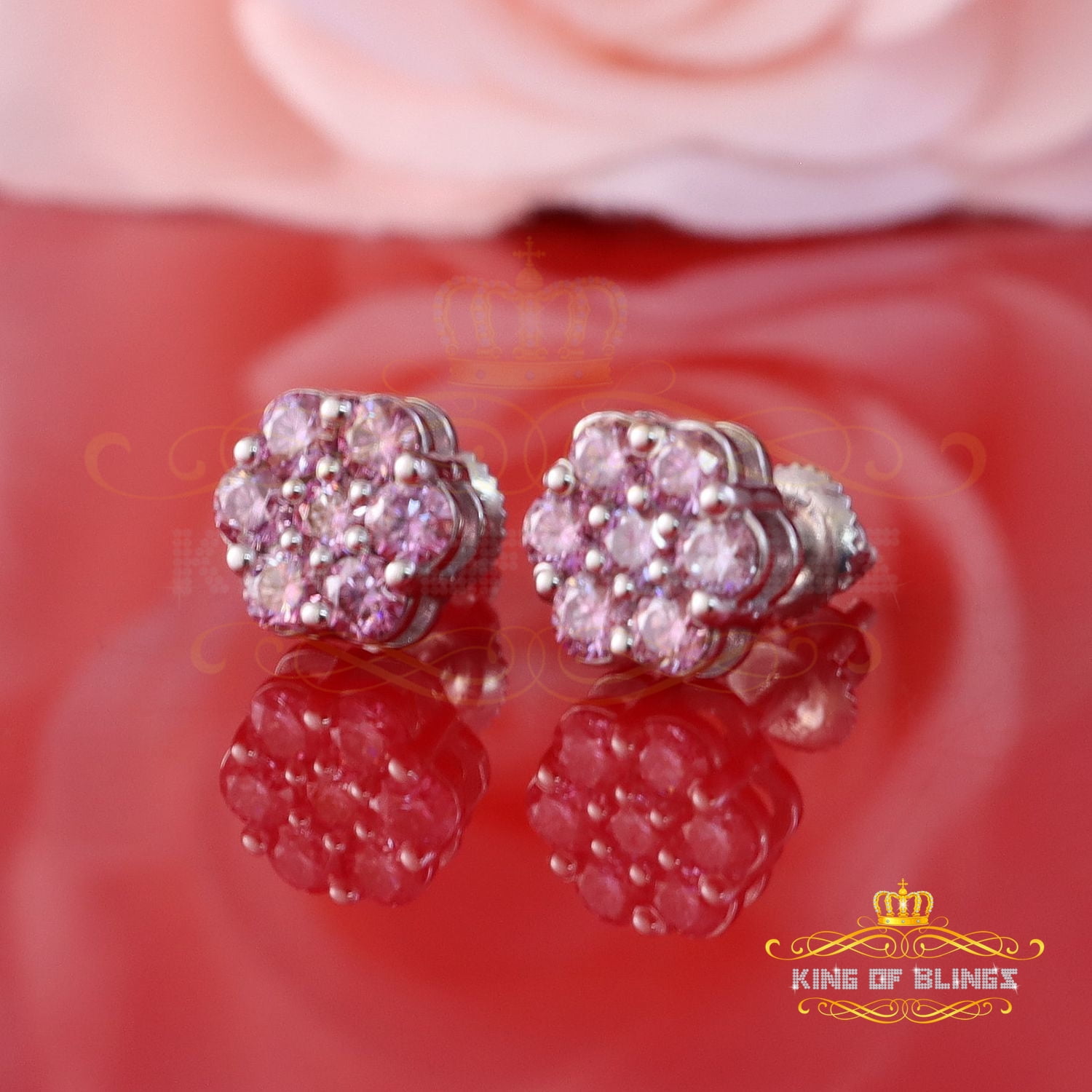 King of Bling's 925 Silver White 1.00ct VVS 'D' Pink Moissanite Floral Mens/Womens Stud Earrings