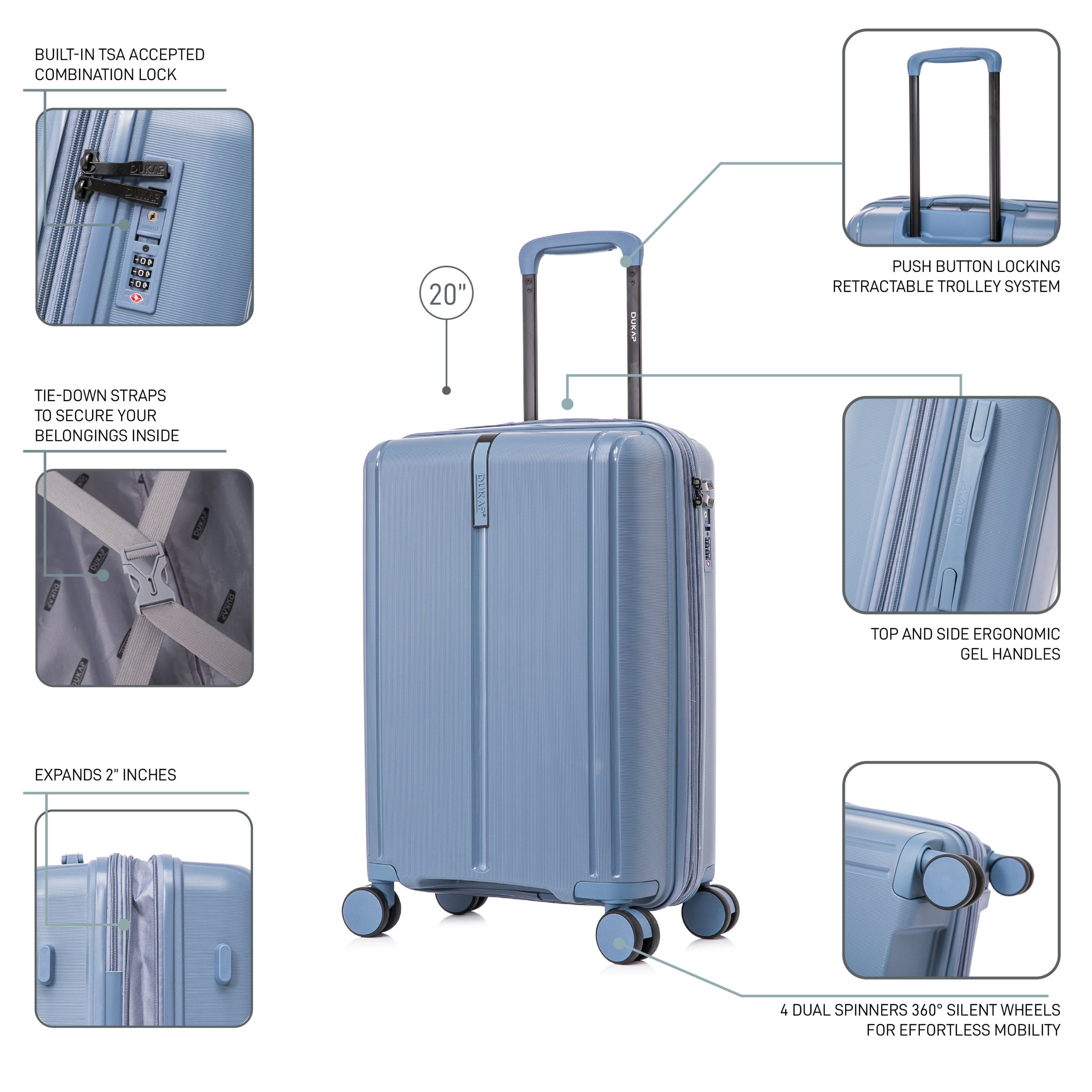DUKAP AIRLEY 20" Lightweight Hardside Carry-On Luggage with Spinner Wheels, Handle and Trolley, Blue