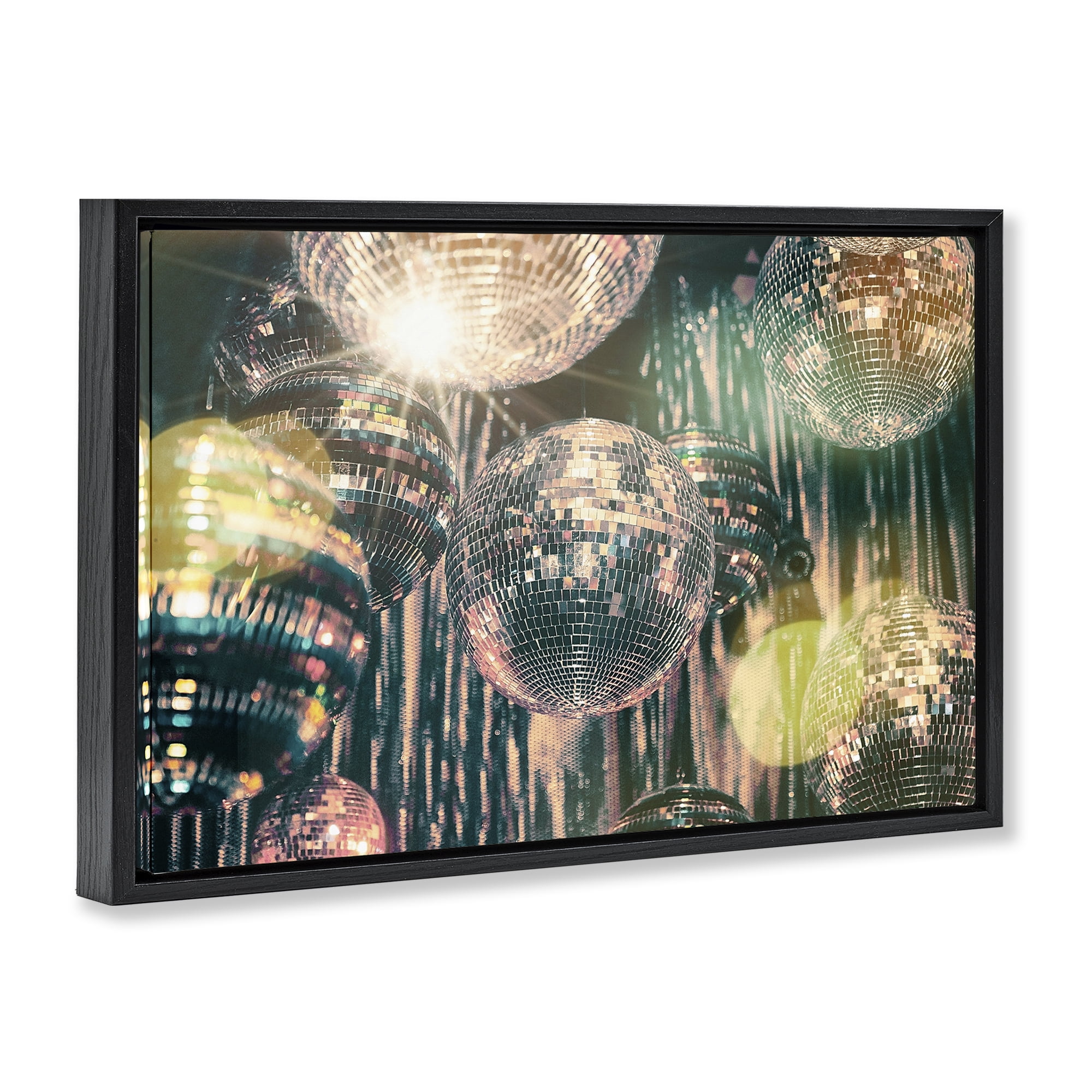 Stupell Industries Disco Balls with Bokeh Fashion Painting Black Floater Framed Canvas Art Print Wall Art, 31 x 21