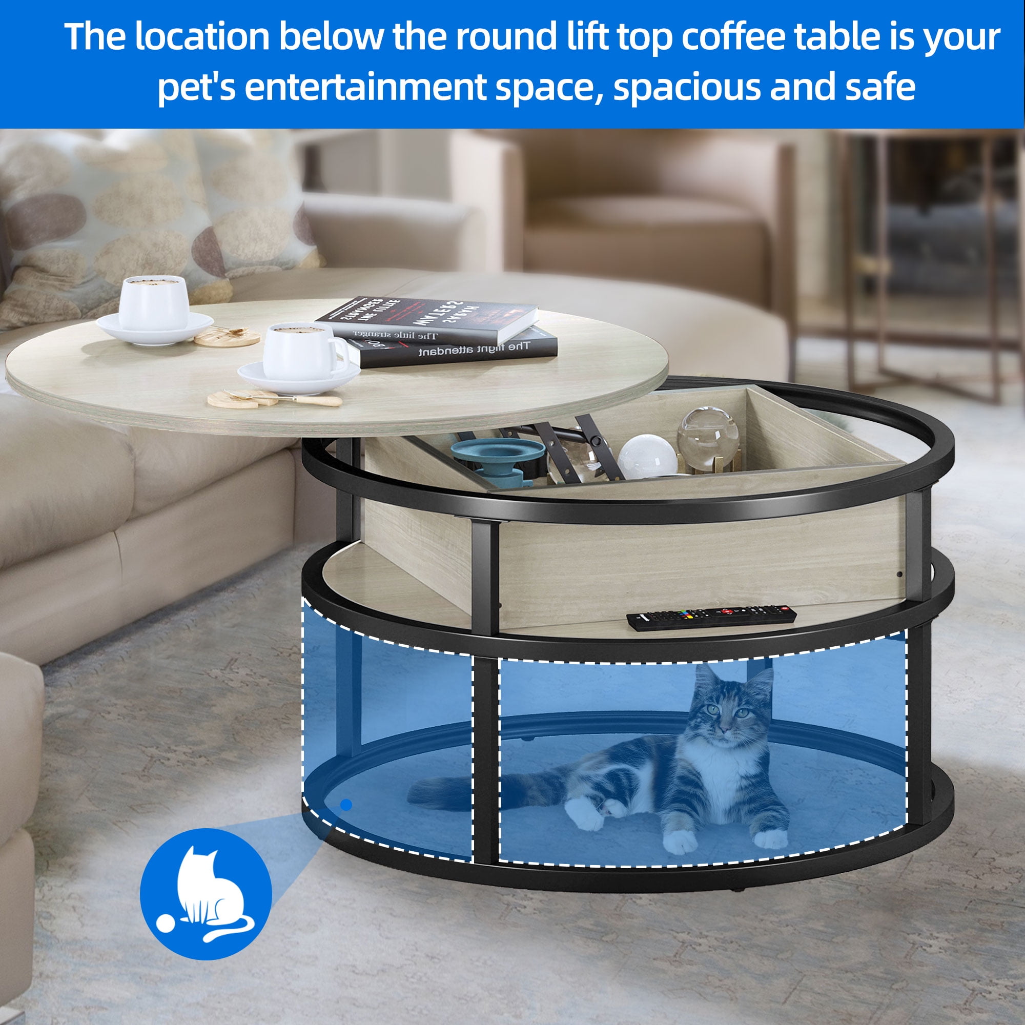 Dextrus Modern Lift Top Round Particle Board Coffee Table, White Oak