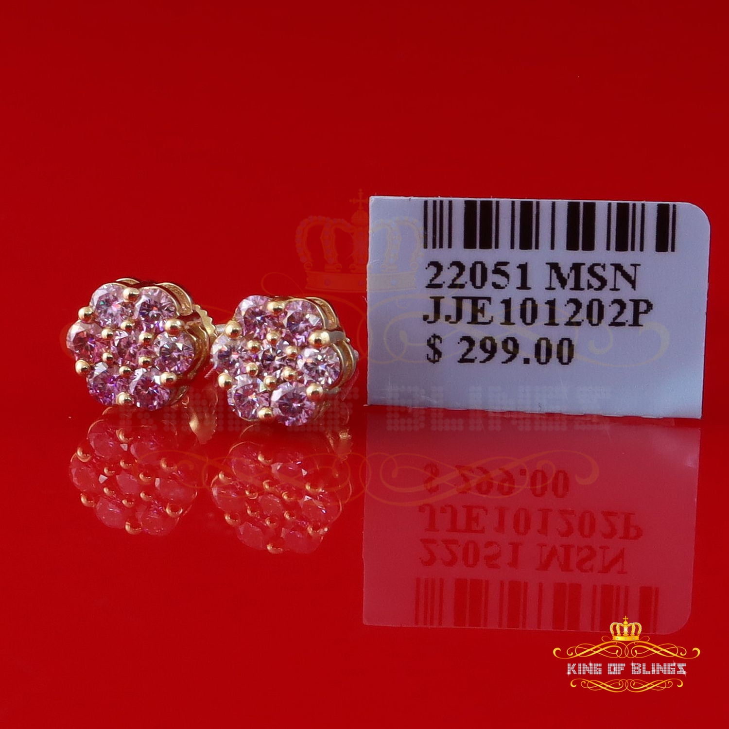 King of Bling's 925 Silver Yellow 1.00ct VVS D Pink Moissanite Floral Stud Earrings Mens/Women
