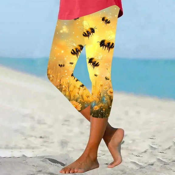 AGWOLF Capri Leggings for Women Cute Bee Print Knee Length Leggings Tummy Control High Waisted Capris Stretchy Workout Yoga Pants Summer Holiday Capri Pants