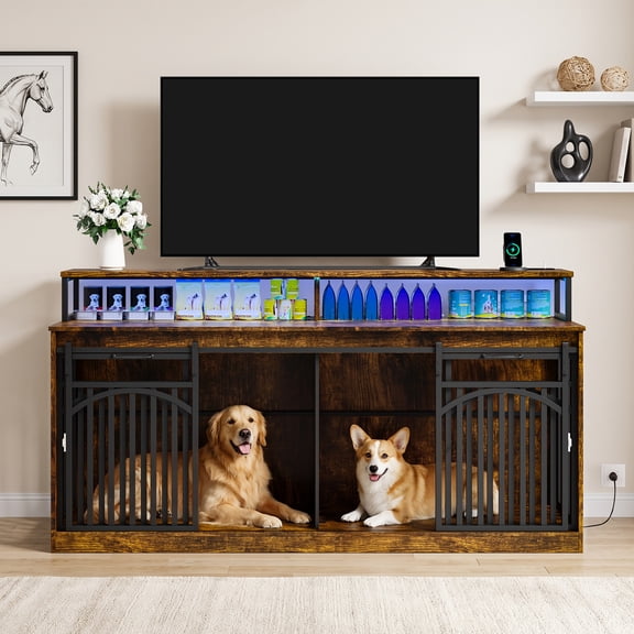 Doyolan 71" Large Dog Crate Furniture,TV Stand with LED Light,Power Outlet,Heavty Duty Wooden Dog Kennel for Medium Large Dogs,Dog Cage with Storage Shelf and Double Sliding Barn Door - Rustic Brown