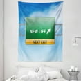 thumbnail image 1 of Going Away Party Tapestry, New Life Concept with Road Sign on Blue Sky Next Exit Art Print, Wall Hanging for Bedroom Living Room Dorm Decor, 60W X 80L Inches, Blue Green Yellow, by Ambesonne, 1 of 2