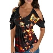 JURANMO Clothing Clearance Women Clearance Tops Metallic Gold Boat Neck Spandex Blouses for Womens Strapless Short Sleeve Cold Shoulder Butterfly Graphic Lounge Blouse Ladies BX XL