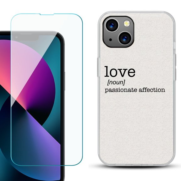 Slim-Fit Gel TPU Phone Case for iPhone 13 Mini, with Tempered Glass Screen Protector, by OneToughShield ® - Dictionary/Love