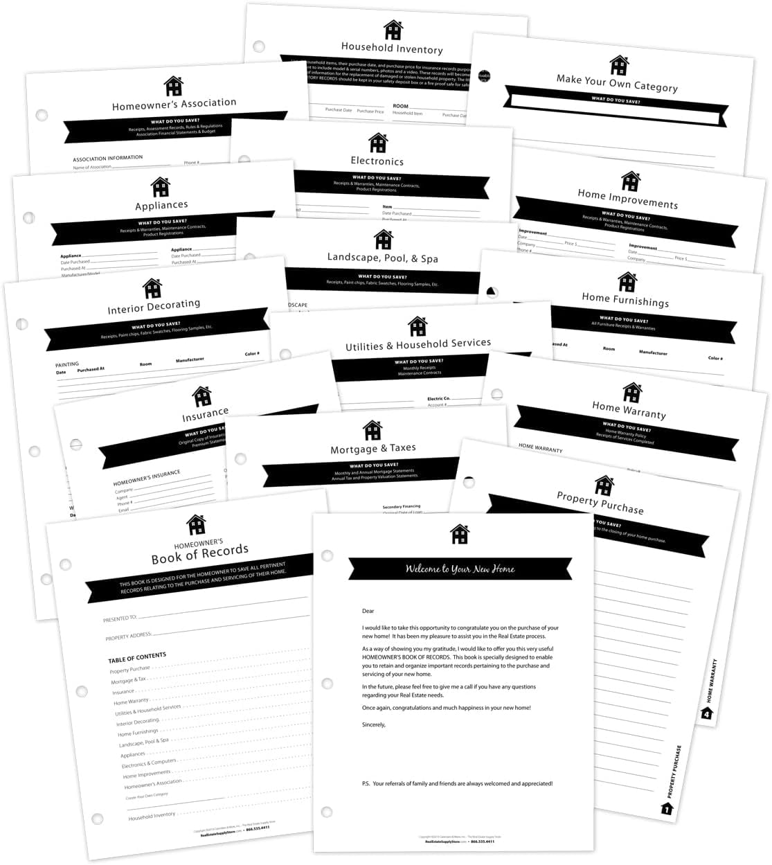 Homeowner's Book of Records Binder 2 Pack Black - Organize Household Receipts, Repair Logs & Inventory with 13 Envelopes for Real Estate Closing Gifts
