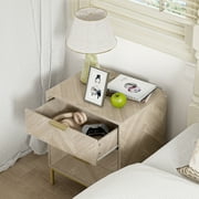 Eumyviv Rustic Metal & Wood 3 Drawer Nightstand, Herringbone Pattern Side Table, Oak Finish