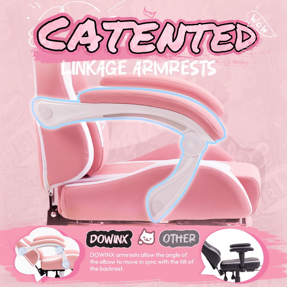 KARXAS Adult Cat Leather PC Gaming Chair with Massage Lumbar and Footrest,  Pink