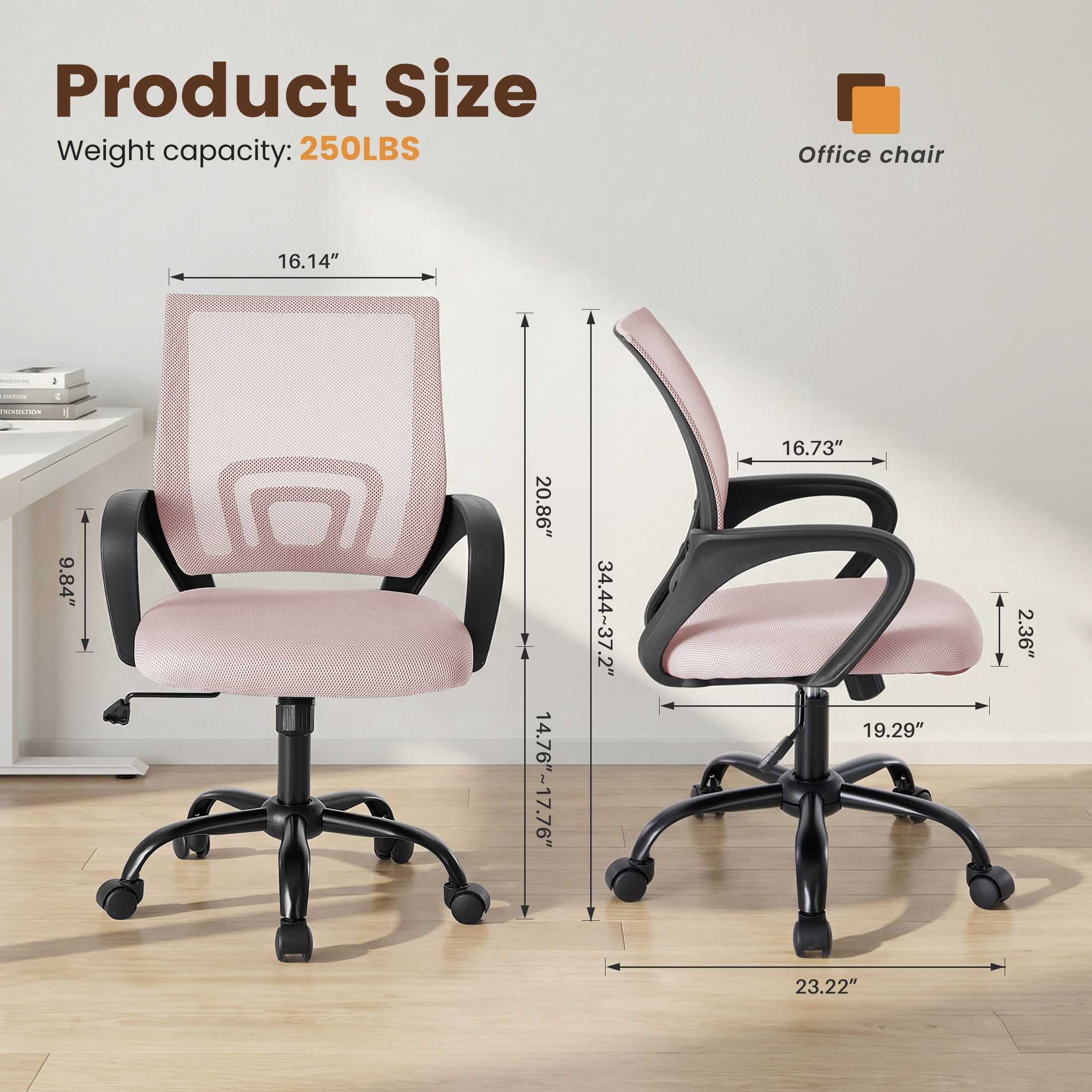 EDX Ergonomic Mid-Back Office Chair - Swivel Desk Chair with Lumbar Support, Breathable Mesh Backrest, Adjustable Height, Sponge Seat & Smooth Rolling Wheels, Pink