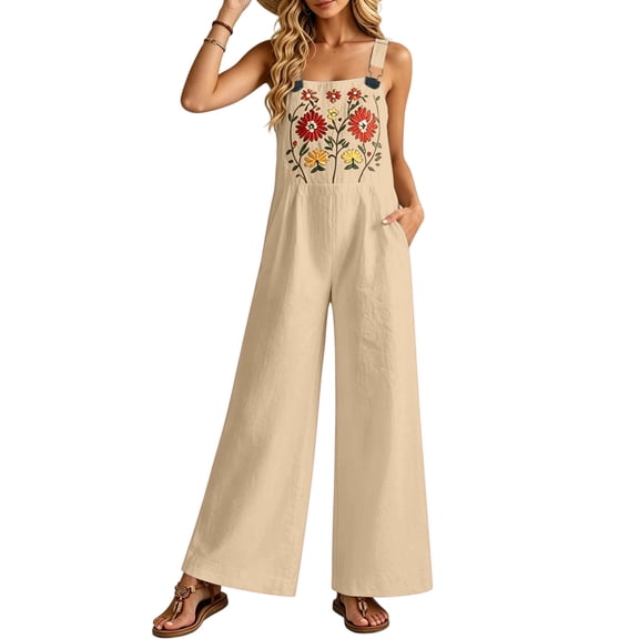 Women's Boho Jumpsuit Embroidered Floral Romper Square Neck Sleeveless Wide Leg Jumpsuit with Pockets Casual Linen Blend Outfit for Women, Beige, L