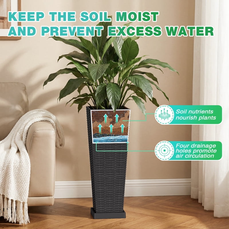Devoko 24" Tall Planters for Outdoor Plants Set of 2, Woven-Textured Outdoor Plant Pots with Trays for Patio, Front Porch