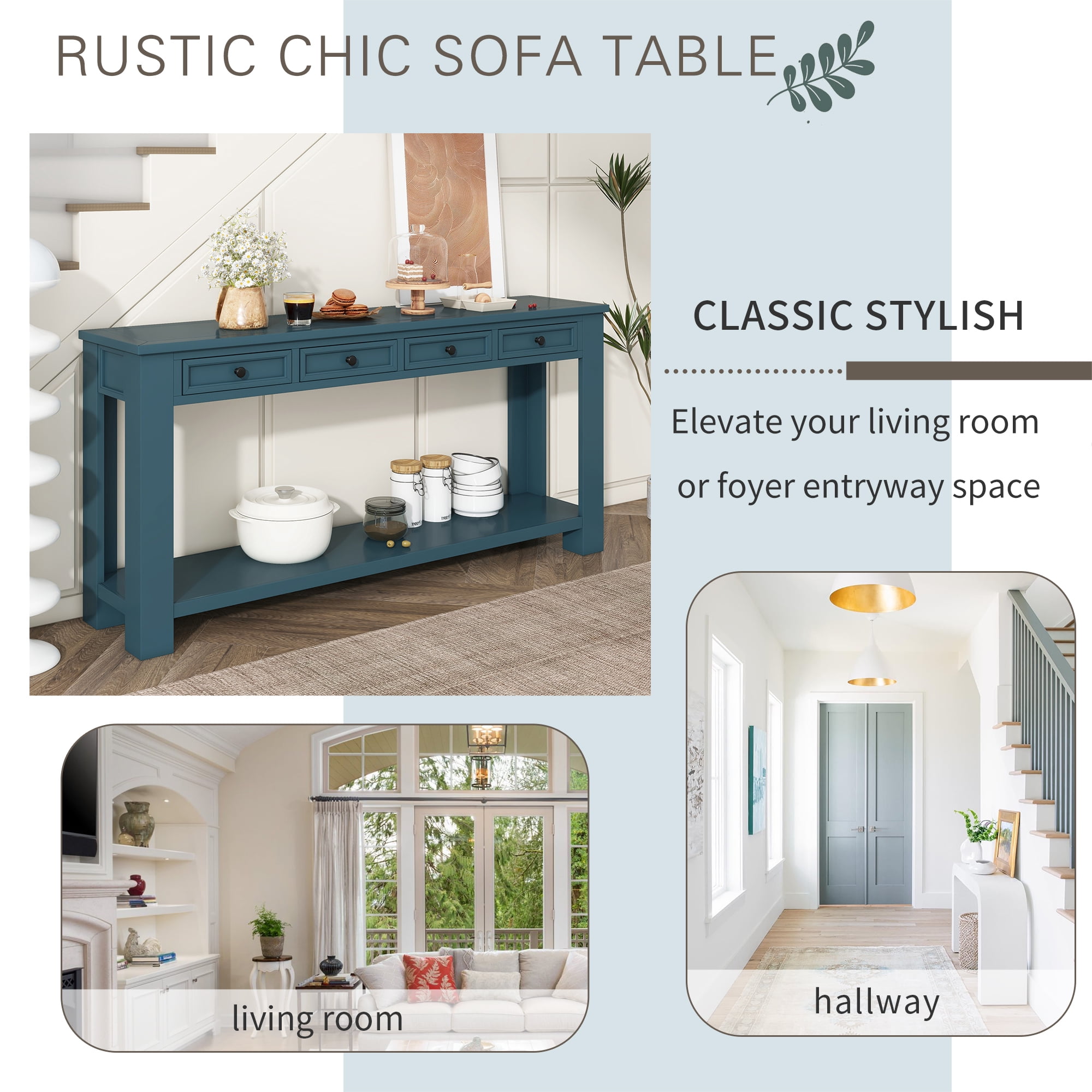 Euroco Wood Rustic Chic Console Table, Dark Blue
