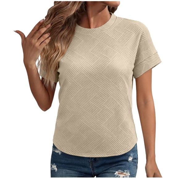 ZHYou Short Sleeve Shirts for Women Textured Diamond Pattern Crew Neck Basic Tops Casual Comfy Breathable Tshirts,Khaki,L