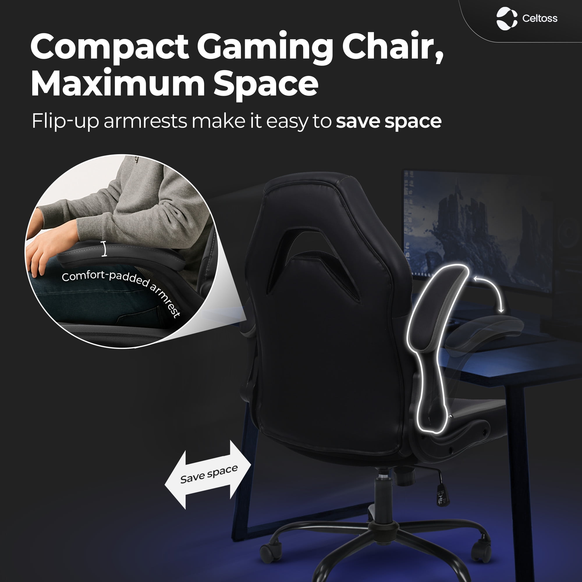 CELTOSS Gray Gaming Chair, Flip-up Armrest Computer Chair Ergonomic Office Chair PU Leather Desk Chair Executive Adjustable Swivel Task Chair
