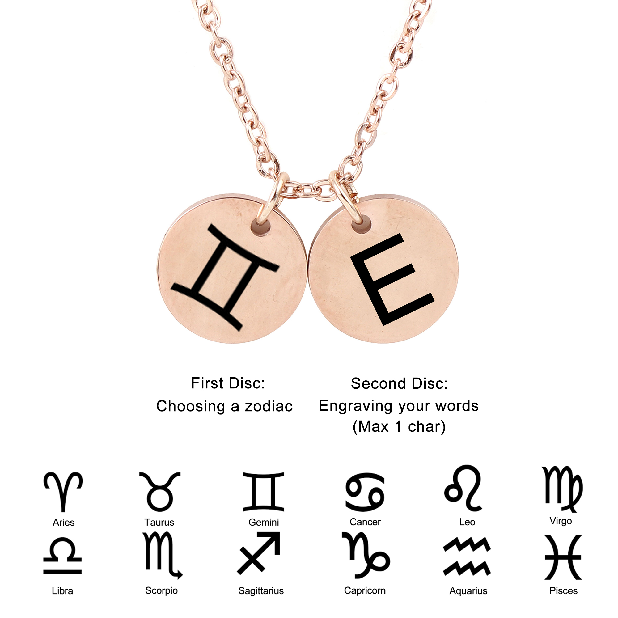 Personalized Round Constellation Initial Necklace - Engraved Zodiac Symbol Jewelry - Christmas Gift for Her - Stainless Steel - 18" Chain - Rose Gold Gemini