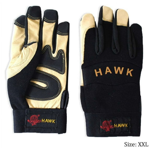 HAWK Men's Top Grain Pig Leather & Black Spandex | 2X Large (XXL) Mechanic's Gloves | Breathable Spandex Back | Soft Leather Protection | Adjustable Wrist Strap